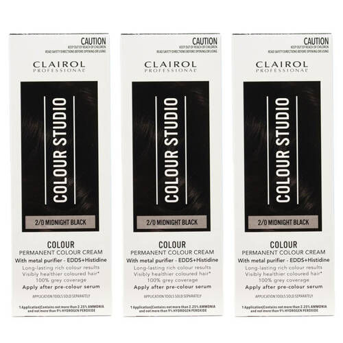 3PK Clairol Professional Permanent Hair Colour Cream 2/0 Midnight Black Dye