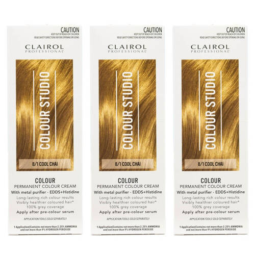 3PK Clairol Professional Permanent Hair Colour Cream Studio 8/1 Cool Chai Dye
