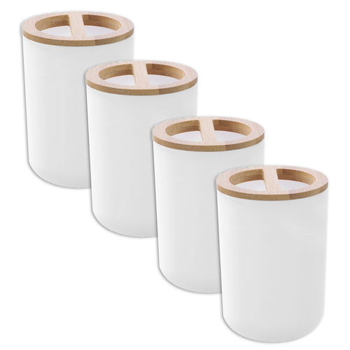 4PK Boxsweden Bano Toothbrush Holder Bamboo Top 7.5 x 7.5 x 10.5cm White