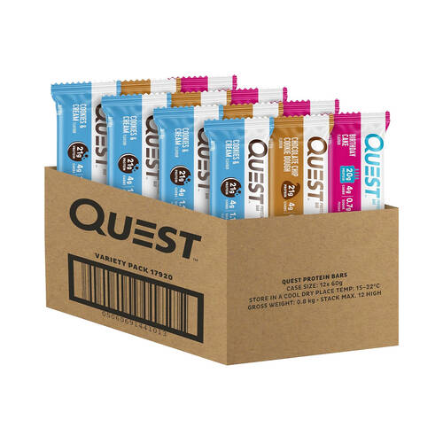 12pc Quest Bar Pack Birthday Cake/Choc Chip Cookie Dough/Cookies & Cream
