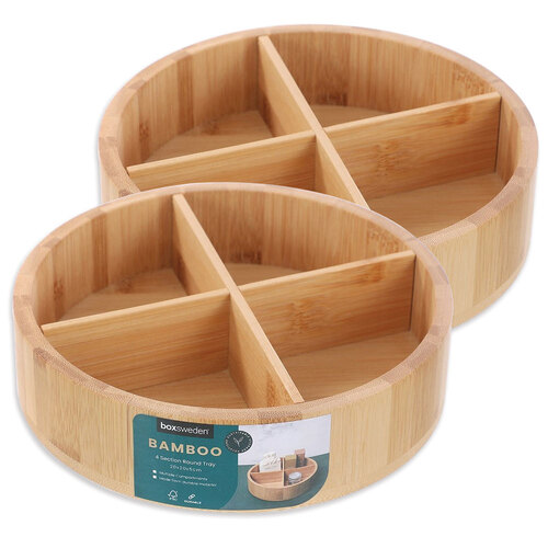 2PK Boxsweden 4-Section 20cm Bamboo Round Tray Organiser Storage Brown