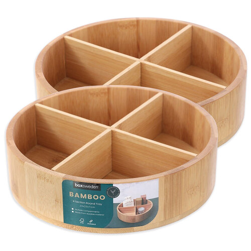 2PK Boxsweden 23cm Bamboo 4-Section Round Turntable Rotating Tray