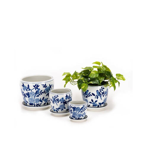 4pc Ceramic Tall Japanese Pot w/ Saucer - Blue/White