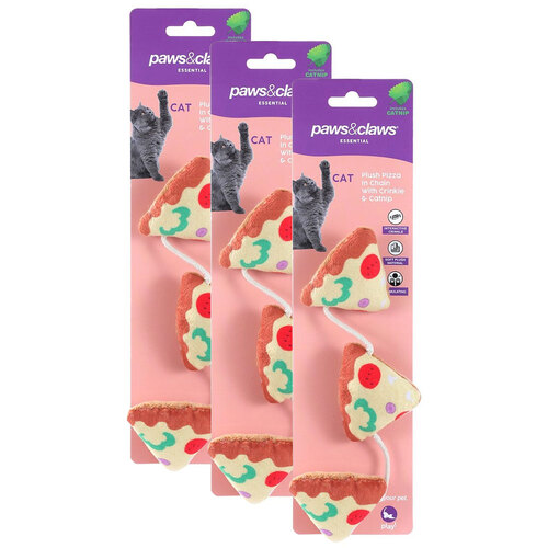 3PK Paws & Claws Pet/Cat 27cm Plush Pizza Dangler Toy w/ Crinkle & Catnip
