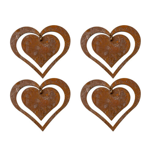 4x Hanging Rust 20cm Double Heart Outdoor Garden Decor - Large