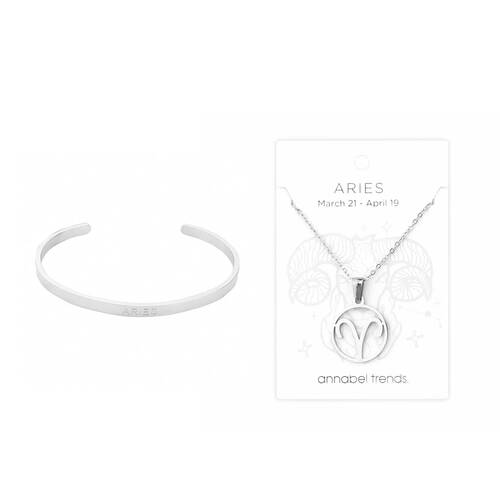 2pc Annabel Trends Stainless Steel Cuff Bangle & Pendant Necklace Zodiac Aries