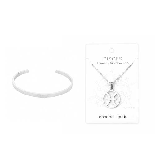 2pc Annabel Trends Stainless Steel Cuff Bangle & Pendant Necklace Zodiac Pisces