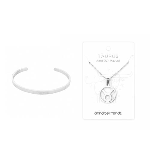 2pc Annabel Trends Stainless Steel Cuff Bangle & Pendant Necklace Zodiac Taurus