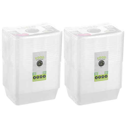 2x 30PK Lemon & Lime Reusable 650ml Rectangle Food Container w/ Lid - Clear