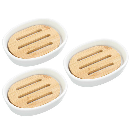 3x Boxsweden Bano 12.5x9.5cm Ceramic Soap Dish Bamboo Base - White