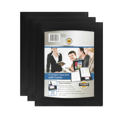 3PK Marbig Pro 20-Pocket A4 Refillable Display Book w/ Frame - Black