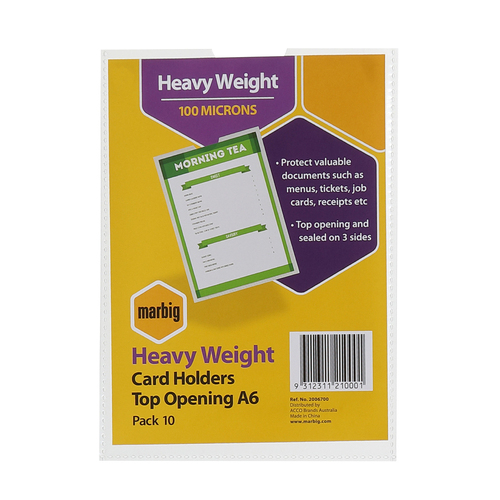 10pc Marbig PP A6 Card Holder Sheet Protectors - Clear