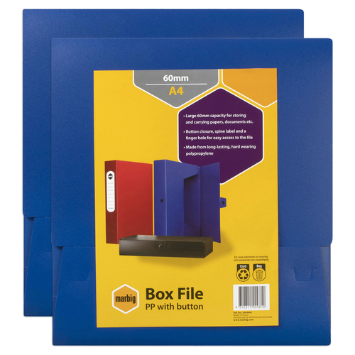 2PK Marbig PP A4 60mm Box File w/ Button Organiser Blue