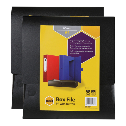 2PK Marbig PP A4 60mm Box File w/ Button Organiser Black