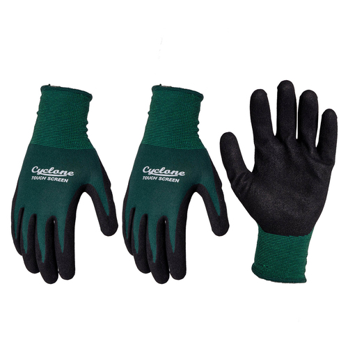 3PK Cyclone Size Large Gardening Gloves Touch Screen Compatible Nylon Green/Black