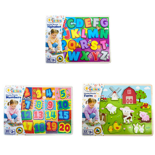3pc Jr.Genius Chunky Jigsaw Puzzle Alphabet/Numbers/Farm Kids Combo Set