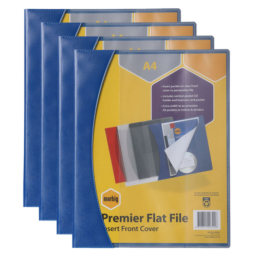 4PK Marbig Premier A4 Flat File Folder w/ Insert Cover - Blue