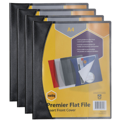 4PK Marbig Premier A4 Flat File Folder w/ Insert Cover - Black