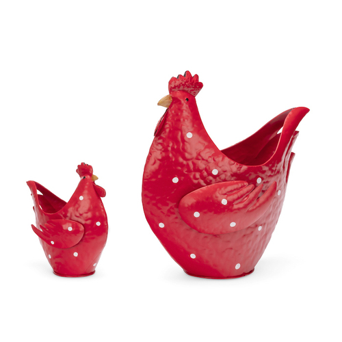 2pc Chicken Pot Planter 16/30cm Garden Ornament Decor Set - Red