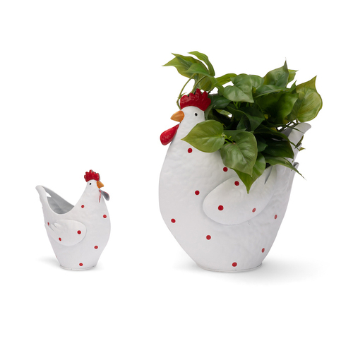 2pc Chicken Pot Planter 16/30cm Garden Ornament Decor Set - White