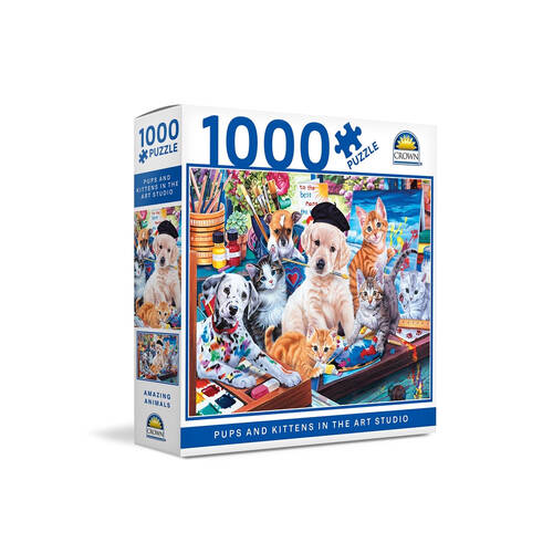 1000pc Crown Jigsaw Puzzle Pups & Kittens In Art Studio Kids 8y+