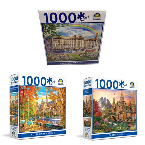 3x 1000pc Crown Castle Land/Notre Dame/Buckingham Palace Puzzle Set 8y+
