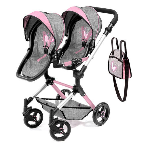 Bayer Twin Neo Doll Pram - Grey & Pink w/ Butterfly Motif