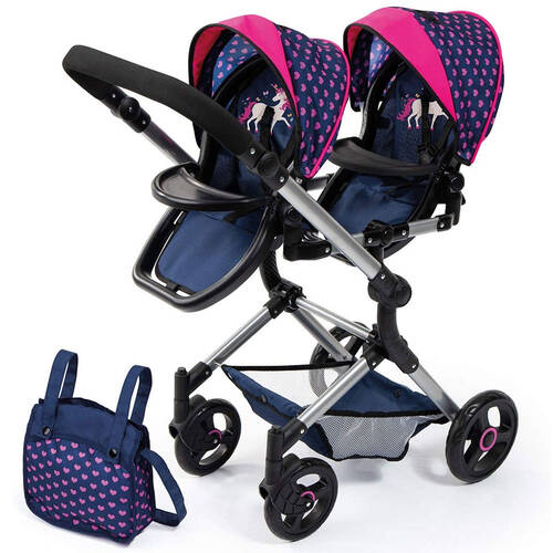 Bayer Twin Neo Doll Pram - Blue w/ Pink Hearts & Unicorns