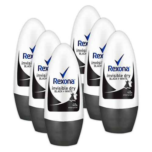 6PK Rexona 50ml Roll On Deodorant Invisible Dry Black + White