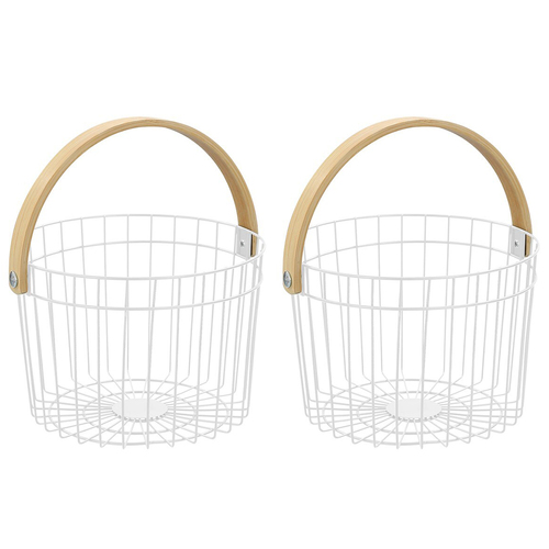 2PK Boxsweden Round Wire 27x25cm Basket w/ Bamboo Handle - White