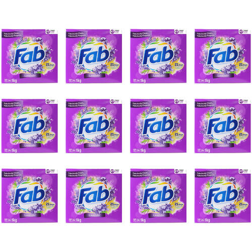 12PK Fab 1kg Laundry Powder Lavender Front & Top Loader Stain Remover
