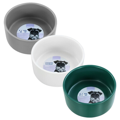 3x Paws & Claws 16cm/950ml Ceramic Pet Bowl - Assorted White/Green/Grey
