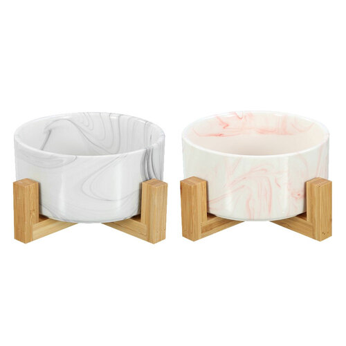 2x Paws & Claws 16cm/950ml Ceramic Pet Bowl Marble w/ Bamboo Stand - Assorted
