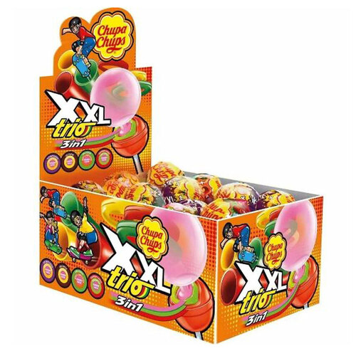 20pc Chupa Chups XXL Trio 3 in 1 Layered Lollipops w/ Bubble Gum Display Box 580g