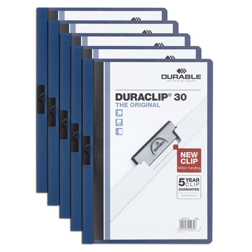 5x Durable Duraclip 30-Sheet A4 Document File Folder - Dark Blue