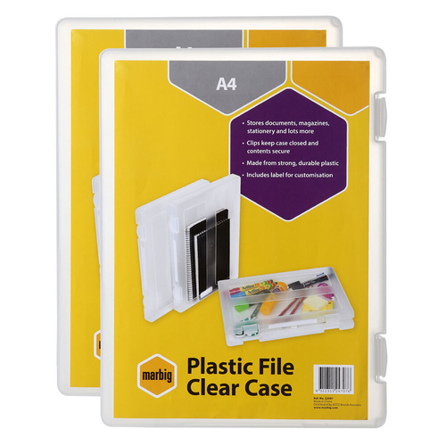 2PK Marbig Plastic A4 File/Document Case w/ Clip Label - Clear