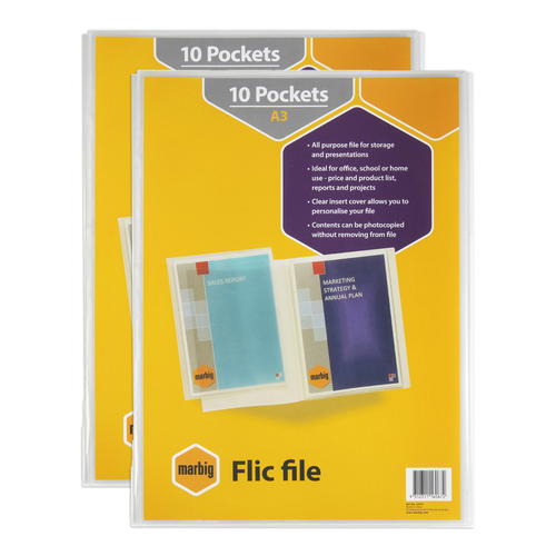 2PK Marbig Flic File 10-Pocket A3 Display Book w/ Insert Cover - Clear
