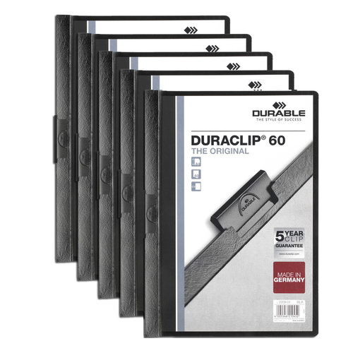 5x Durable Duraclip 60-Sheet A4 Document File Folder - Black