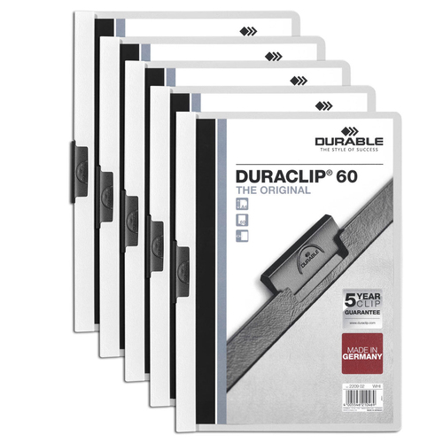 5x Durable Duraclip 60-Sheet A4 Document File Folder - White