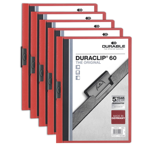 5x Durable Duraclip 60-Sheet A4 Document File Folder - Red
