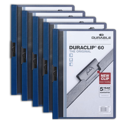 5x Durable Duraclip 60-Sheet A4 Document File Holder - Dark Blue
