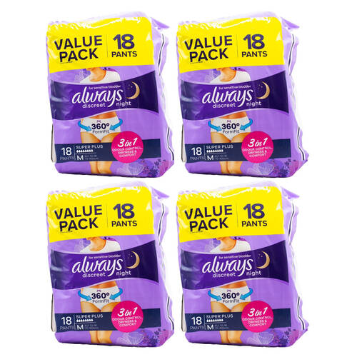 4x 18pc Always Discreet Night Sanitary Pants For Sensitive Bladder 70-100cm