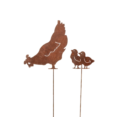 2pc Chicken Feeding Silhouette Rust Metal Garden Decor - Brown