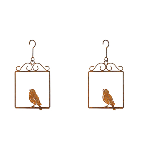 2x Hanging Bird on Perch 27cm Rust Metal Ornament Decor - Brown