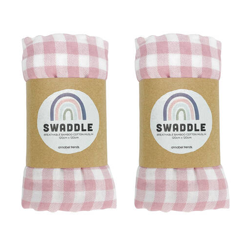 2PK Annabel Trends Muslin Swaddle Baby 120x120cm - Gingham Pink Clay
