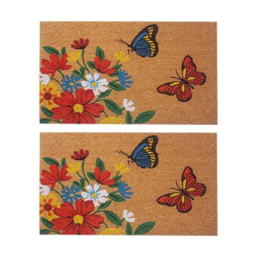 2PK Solemate Coir Backed Colourful Butterfly With Flowers Doormat 45x75cm