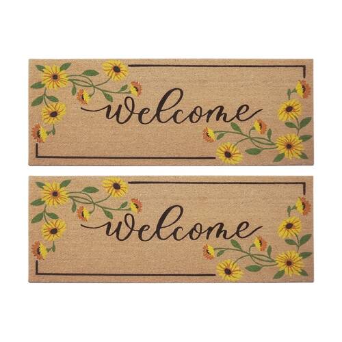 2PK Solemate Coir Backed Welcome Floral Doormat W/ Yellow Daisy Flowers 45x110cm