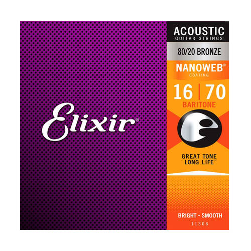 Elixir #11306 Acoustic Nanoweb 6 Guitar String Set 16-70 Baritone