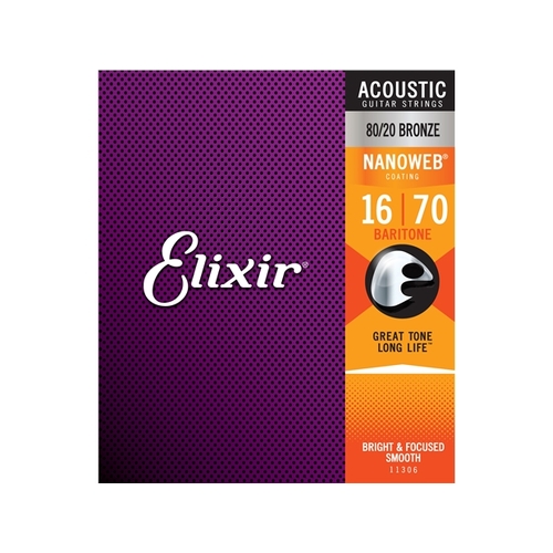 Elixir #11306 Acoustic Nanoweb 6 Guitar String Set 16-70 Baritone