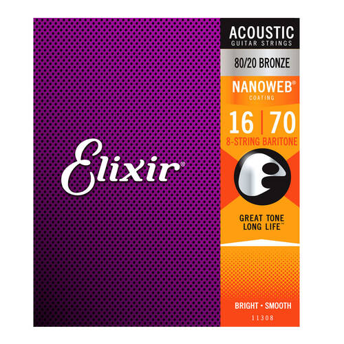 Elixir #11308 Acoustic Nanoweb 8 Guitar String Set 16-70 Baritone